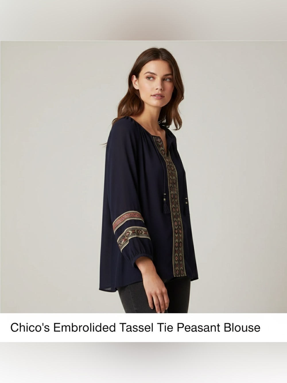 Chico's Embroidered Tassel Tie Peasant Blouse Navy Blue Size S